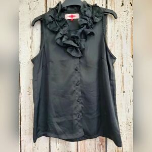 Women's Medium Artrageous Black Silky Button Up Ruffle Collar Blouse Shirt EUC